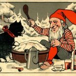 Nissen spiser julegrød og katten kigger på.